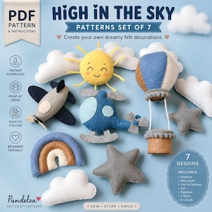 Set van 7 viltpatronen (PDF). Patronen voor knuffels. DIY viltspeelgoed/mobiel vliegtuig, helikopter, regenboog, luchtballon, zon, ster, wolk