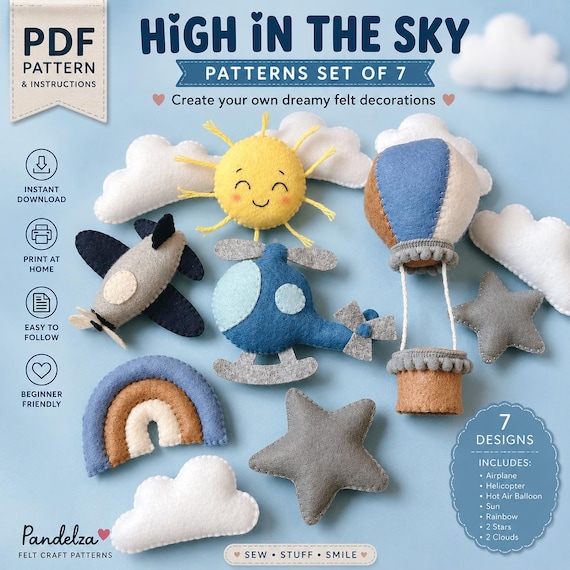 Felt Patterns Set of 7 (PDF). Stuffed Plush Patterns. DIY Felt toys/ Mobile Airplane, Helicopter, Rainbow, Hot Air Balloon, Sun, Star, Cloud