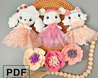 Ballerina Animal dolls and flower felt PDF Patterns. DIY felt toys Cat/ Mouse/ Poodle dog/ flower. Easy pattern with step by step tutorial.