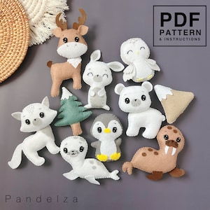 Arctic animals set PDF Pattern. Easy hand sewing felt plush. DIY toy/ baby mobile/ ornament/ garland. Arctic fox/ Reindeer/ Snow owl/ Hare..