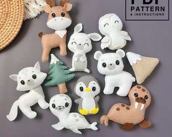 Arctic animals set PDF Pattern. Easy hand sewing felt plush. DIY toy/ baby mobile/ ornament/ garland. Arctic fox/ Reindeer/ Snow owl/ Hare..