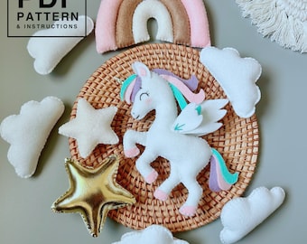 Patrón PDF de fieltro arcoíris de unicornio. Unicornio cosido a mano, arco iris, estrella, nube. Juguete DIY para cuna móvil de bebé, guardería, adorno, guirnalda, regalo