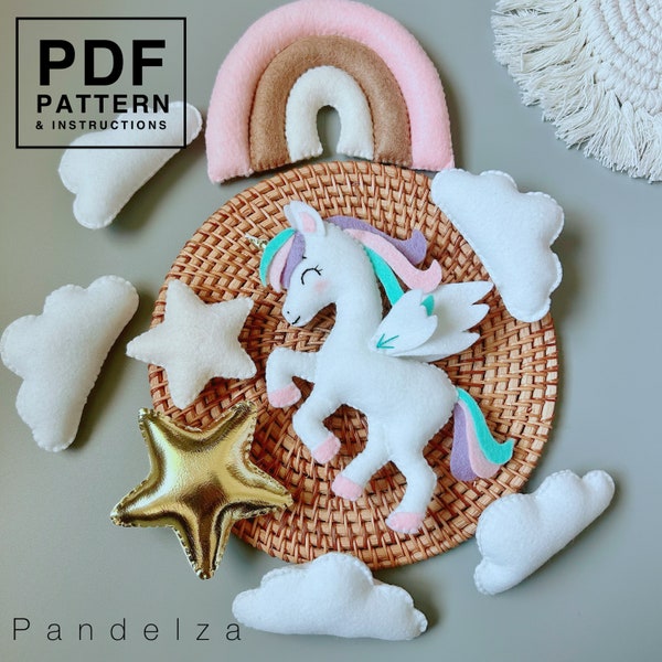 Unicorn rainbow felt set PDF Pattern. Hand sewing unicorn, rainbow, star, cloud. DIY toy baby mobile crib, nursery, ornament, garland, gift