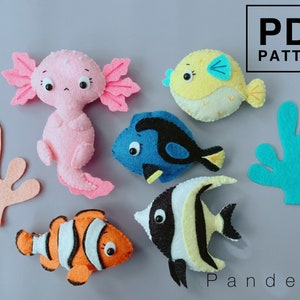 Sea animals set of 5 PDF patterns. DIY Axolotl/ Puffer fish/ Dory fish/ Clown fish/ Moorish idol fish. Easy patterns with instructions.
