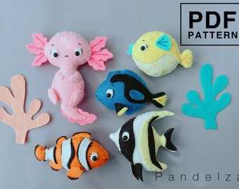 Sea animals set of 5 PDF patterns. DIY Axolotl/ Puffer fish/ Dory fish/ Clown fish/ Moorish idol fish. Easy patterns with instructions.