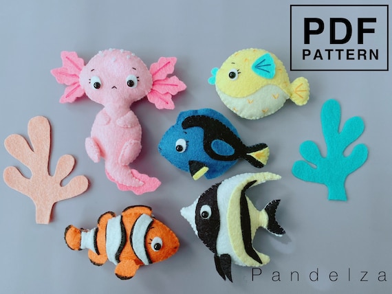 Sea animals set of 5 PDF patterns. DIY Axolotl/ Puffer fish/ Dory fish/ Clown fish/ Moorish idol fish. Easy patterns with instructions.