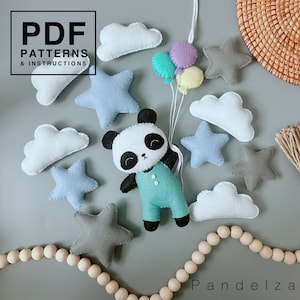 Panda with balloons felt PDF Pattern. Hand sewing and tutorial felt doll. Easy softy plushie doll. Great DIY gift/decoration/ toy/ nursery.