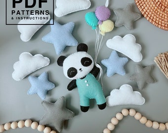 Panda with balloons felt PDF Pattern. Hand sewing and tutorial felt doll. Easy softy plushie doll. Great DIY gift/decoration/ toy/ nursery.