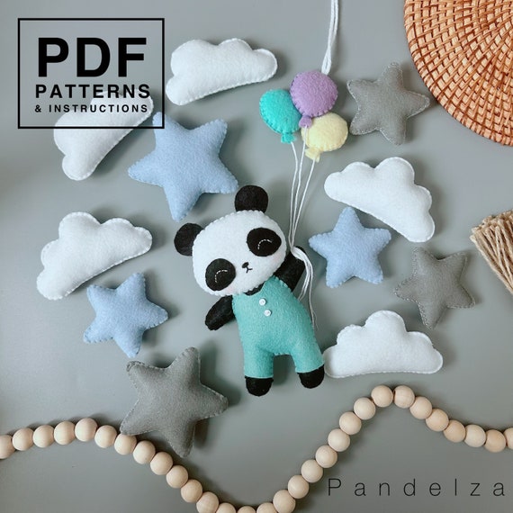 Panda with balloons felt PDF Pattern. Hand sewing and tutorial felt doll. Easy softy plushie doll. Great DIY gift/decoration/ toy/ nursery.