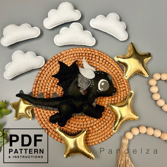 Dragon set felt PDF Pattern. Sewing shadow Dragon animal, star, diamond, cloud. DIY felt toys, baby mobile, garland, nursery, gift toys.