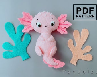 Baby Axolotl PDF Pattern. DIY sea animal felt softy toy. Easy pattern with tutorial. Cute decoration/ baby mobile/ ornament