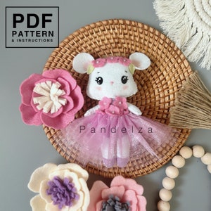 Mouse doll and flower PDF Pattern. Easy felt toys pattern with instructions. DIY cute mouse toys, baby mobile, garland, decoration…