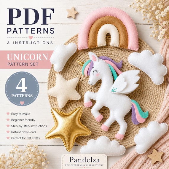 Felt Unicorn Rainbow PDF Pattern Set of 4. Hand Sewing Patterns. Stuffed Animal Patterns. Plush doll. DIY Felt Animal Toys/ Mobile Nursery.