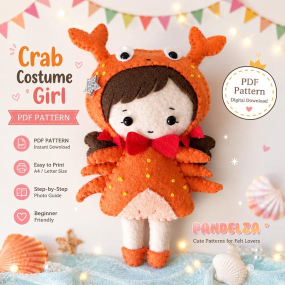Crab Doll Sewing Pattern, Felt Sea Animal Plush (PDF Pattern)