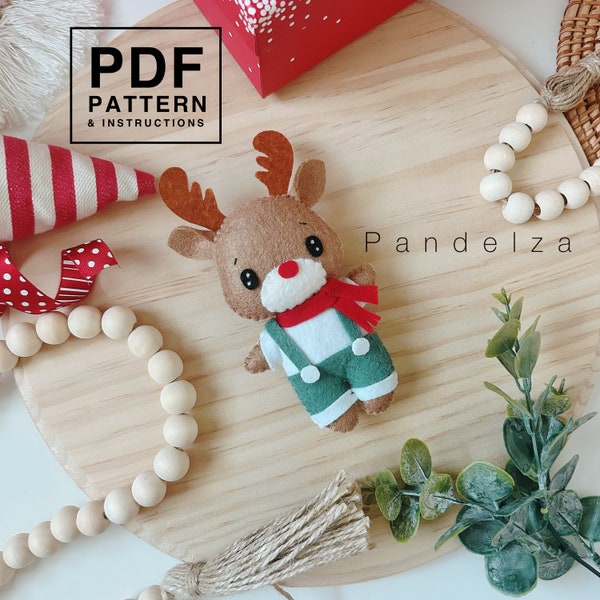 Christmas reindeer felt PDF Pattern. DIY felt doll softy plushie toys, ornament, wreath, garland for Christmas. Great DIY gift.