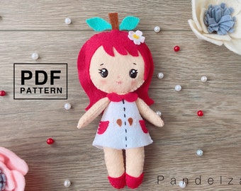 Cute apple girl felt doll PDF Pattern. DIY apple doll softy stuffed toy. Hand sewing with Tutorial PDF pattern.