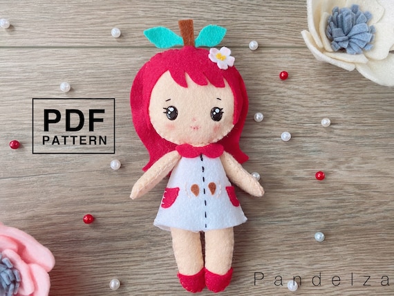 Cute apple girl felt doll PDF Pattern. DIY apple doll softy stuffed toy. Hand sewing with Tutorial PDF pattern.
