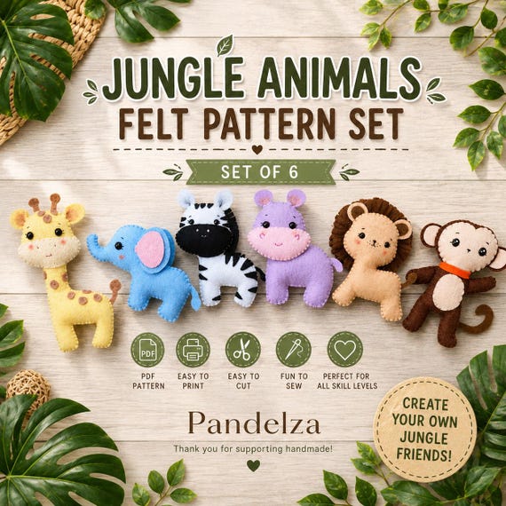 Felt Jungle Animals Sewing PDF Pattern. Felt Animals Set. Stuffed Animal. DIY Felt Toys. Felt Patterns. Safari Animals. Beginner Friendly.
