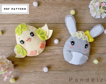 Cute bunny and chick PDF Pattern. Easy sewing with tutorial. DIY Easter chick and bunny Felt stuffed dolls decoration and ornament.