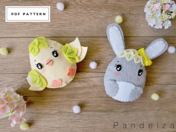 Cute bunny and chick PDF Pattern. Easy sewing with tutorial. DIY Easter chick and bunny Felt stuffed dolls decoration and ornament.