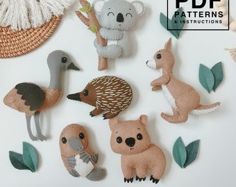 Australia animals set with leaf PDF Pattern. DIY felt plushies/ baby mobile/ garland. Koala/ Kangaroo/ emu/ platypus/ echidna/ wombat.