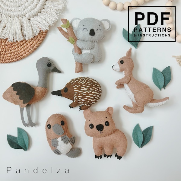 PDF Pattern mit Australien Tiere und Blatt DIY Filz Plushies / Baby mobile / Girlande. Koala/ Känguru/ Emu/ Schnabeltier/ Ameisenigel/ Wombat.