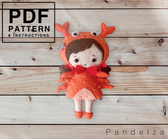 Crab Doll PDF Pattern. DIY Sea animal doll. felt toy plush pattern, baby mobile decorations. Hand sewing with tutorial.