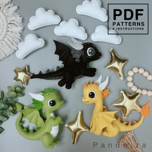 ドラゴンセットのフェルトPDFパターン。ドラゴン、星、ダイヤモンド、雲の縫製。DIY動物フェルトおもちゃ、ベビーモビール、ガーランド、保育園...素晴らしいDIYギフトおもちゃ