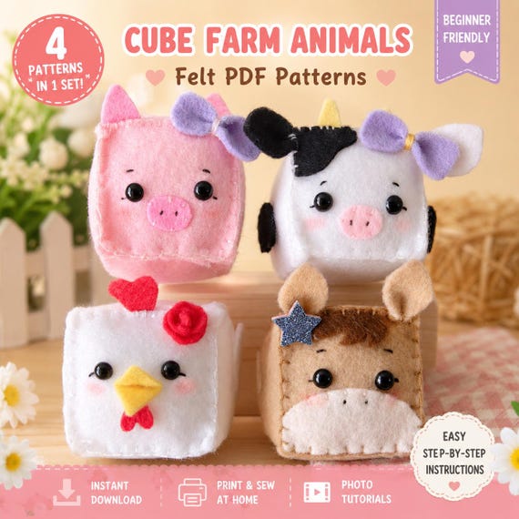 Farm Animals Cube PDF Pattern Set of 4. Stuffed Animal Pattern. Pet Simulator Ornaments. Free Dog Patterns. Felt Plush. DIY Felt Toys.
