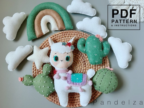 Cute Llama set PDF Pattern. DIY llama/ cactuses/ rainbow/star/cloud. Easy DIY hand sewing baby mobile crib/ nursery/ garland/ ornament/ toy.