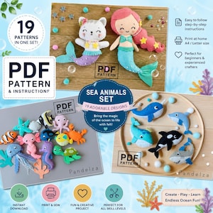 Sea Animals Felt Toy PDF Patterns Set of 19. Hand Sewing Patterns. Stuffed Animals. Cute Plushie Mermaid. DIY Felt Toys. Great DIY Gift.