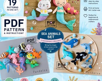 PDF-mönster för filtleksaker av havsdjur, set med 19. Handsymönster. Gosedjur. Söt plyschig sjöjungfru. Gör-det-själv-filtleksaker. Fantastisk gör-det-själv-present.
