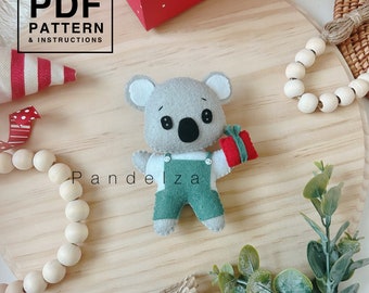 Christmas Koala felt PDF pattern. DIY felt softy plush toys ornament, garland. Easy pattern. Great DIY gift idea. Cute pattern.