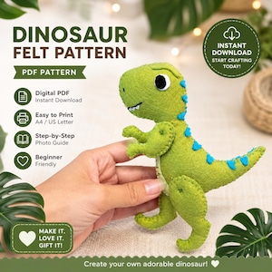 Dinosaur T-Rex Felt Pattern (PDF). Hand Sewing Pattern. Stuffed Plush. Dinosaur Pattern. Felt Animal Plushie. DIY Felt Toys. Great DIY Gift.