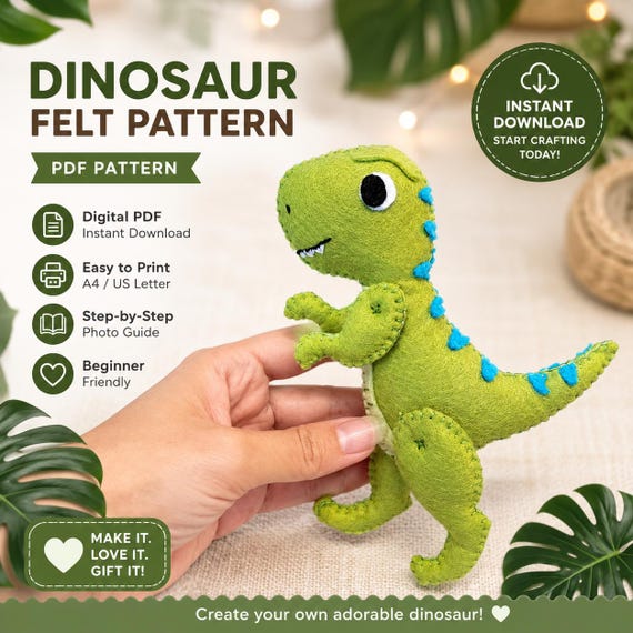 Dinosaur T-Rex Felt Pattern (PDF). Hand Sewing Pattern. Stuffed Plush. Dinosaur Pattern. Felt Animal Plushie. DIY Felt Toys. Great DIY Gift.