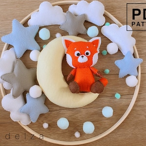 Red panda on the moon set PDF Pattern & Instructions. DIY Softy felt toys, garland, nursery decor. Easy pattern. Felt animal. Felt pattern