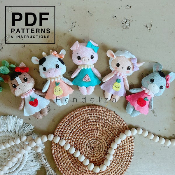 Farm animal dolls set PDF Pattern. Felt sewing animals wearing dress pattern. DIY felt toys cow/ donkey/ horse/ pig/ sheep. DIY dolls.