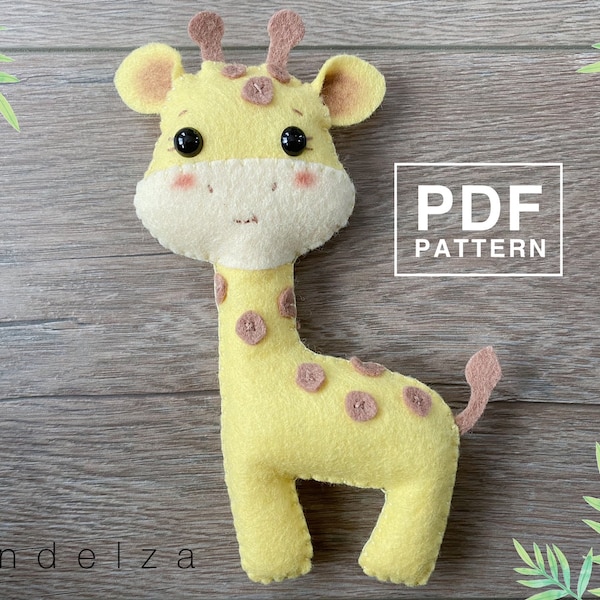 DIY Giraffe felt PDF Pattern. Easy pattern hand sewing with tutorial. Jungle animal softy stuffed toy for room decoration/nursery.