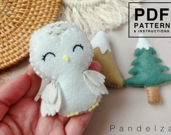 PDF Patterns set of 3 snow owl, tree, mountain. Easy sewing arctic animal pattern. DIY felt toys plushie/ ornament/ baby mobile/ garland.