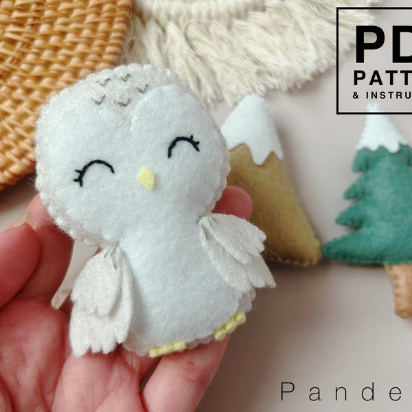 PDF Patterns set of 3 snow owl, tree, mountain. Easy sewing arctic animal pattern. DIY felt toys plushie/ ornament/ baby mobile/ garland.