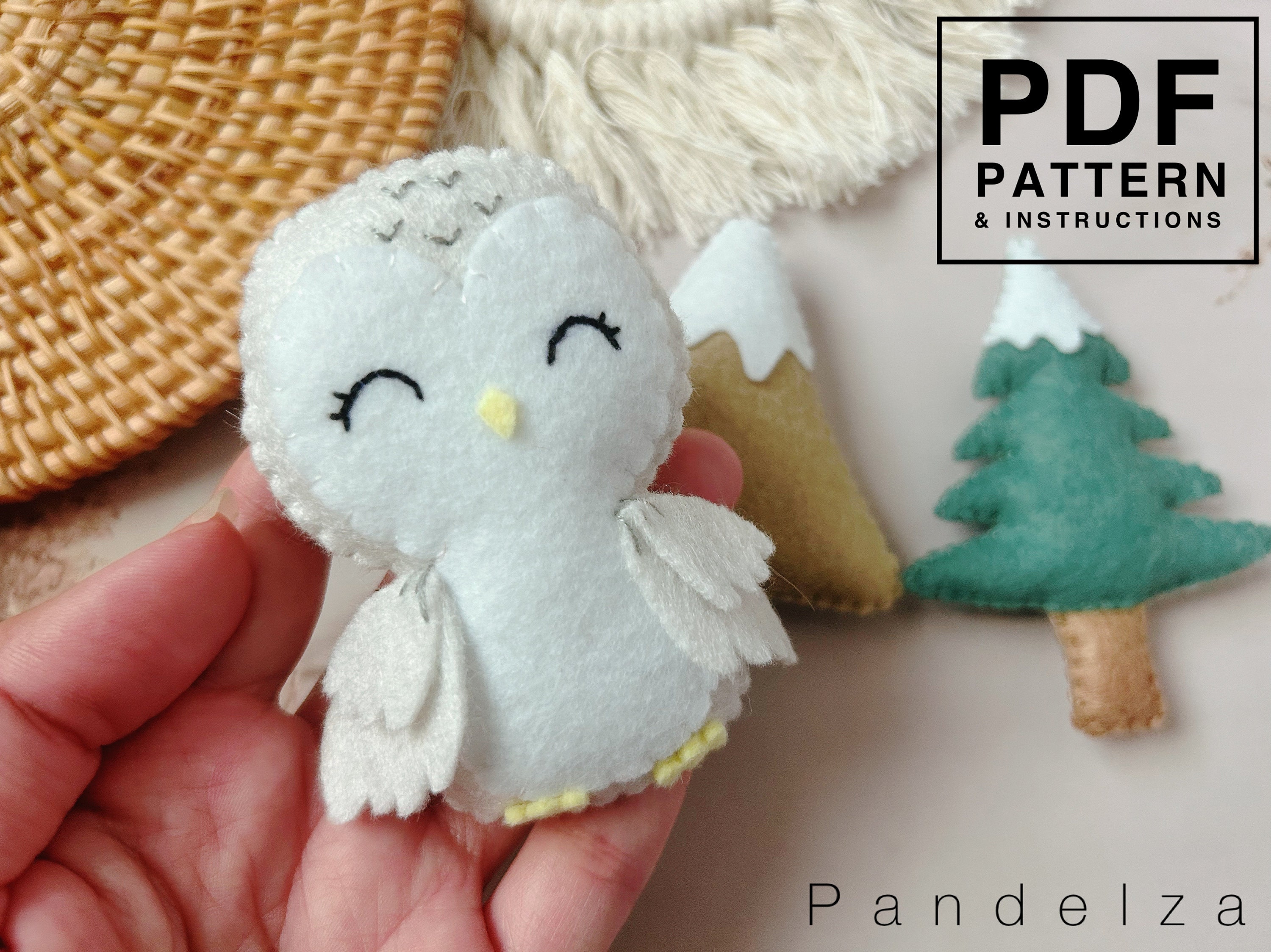 PDF Patterns set of 3 snow owl, tree, mountain. Easy sewing arctic animal pattern. DIY felt toys plu