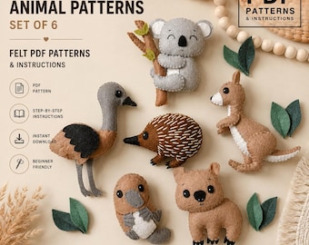 May include: A set of six felt Australian animal patterns including a koala, emu, echidna, kangaroo, platypus, and wombat. The text reads AUSTRALIAN ANIMAL PATTERNS SET OF 6, FELT PDF PATTERNS & INSTRUCTIONS, PDF PATTERN, STEP-BY-STEP INSTRUCTIONS, INSTANT DOWNLOAD, BEGINNER FRIENDLY, Pandelza, HANDMADE WITH LOVE.
