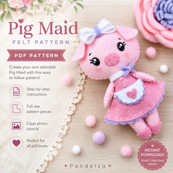Felt Pig PDF Pattern. Doll Animal Pattern. Stuffed Animal Plushie. Cute Felt Animal. DIY Felt Toys/ Mobile Toys/ Nursery Ornament.
