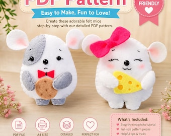 フェルト製ネズミとモルモットの人形型紙（PDF）。手縫い型紙。ぬいぐるみ型紙。フェルト動物。DIYフェルトぬいぐるみ。簡単型紙。