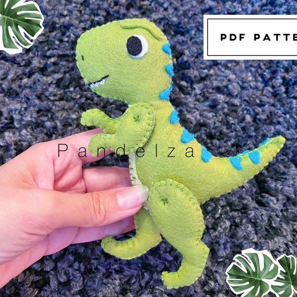 T-Rex felt PDF Pattern. DIY dinosaur T-Rex softy plushie toy. Easy pattern with instruction step by step. Great DIY gift for kid.