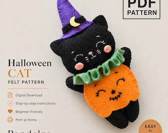 May include: A black felt cat plushie wearing a purple witch hat with a yellow crescent moon and a green ruffled collar, holding an orange pumpkin-shaped body. Text includes PDF PATTERN, Halloween CAT FELT PATTERN, and Pandelza FELT CRAFT.