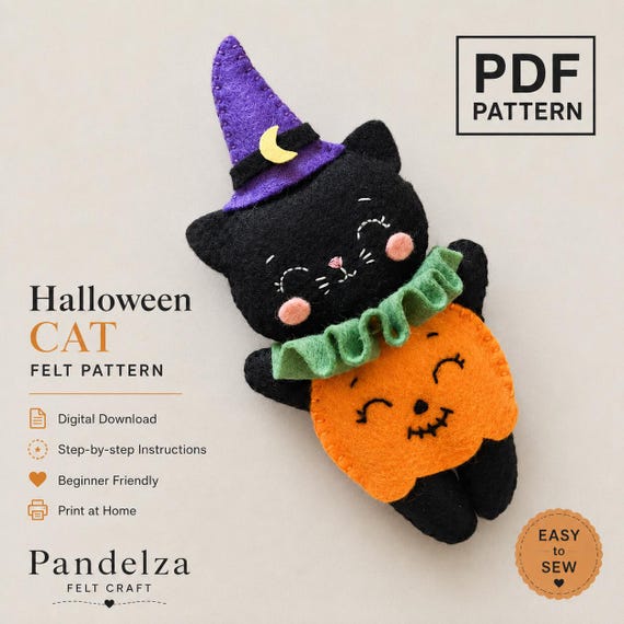 Felt Cat Halloween PDF Pattern. Hand Sewing Patterns. Stuffed Animal Doll. Cute Plush Cat. Felt Craft. DIY Felt Toys. Great DIY Gifts.