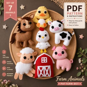 Conjunto de 7 moldes de animais de feltro para fazenda (PDF). Moldes para bichinhos de pelúcia. Moldes para costura à mão. Brinquedos de pelúcia fofos. Animais de feltro para fazer você mesmo. Presente feito à mão.