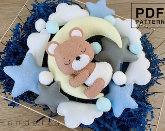 Set of 4 baby bear sleeping on the moon PDF Pattern. DIY Baby bear, moon, star, cloud. Easy pattern. Baby mobile toy/ decoration.