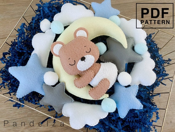 Set of 4 baby bear sleeping on the moon PDF Pattern. DIY Baby bear, moon, star, cloud. Easy pattern. Baby mobile toy/ decoration.
